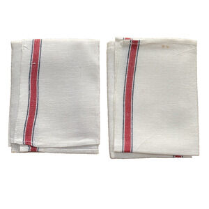 Vintage White Cotton Kitchen Tea Towel Chefs Cloth Classic Red Trim PAIR (2)